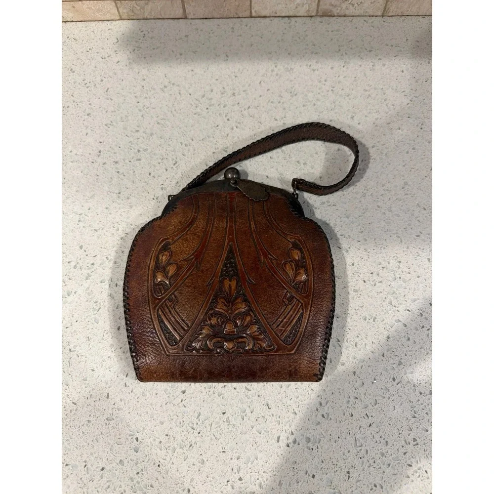 Vintage Volland Leathercraft Tooled Leather Handbag Purse Kiss Lock Western Brow